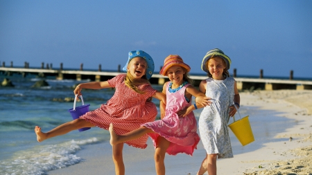 Summer joy - beach, hat, joy, white, children, bucket, little, vara, girl, child, summer, copil, funny, pink, sea, dress, happy