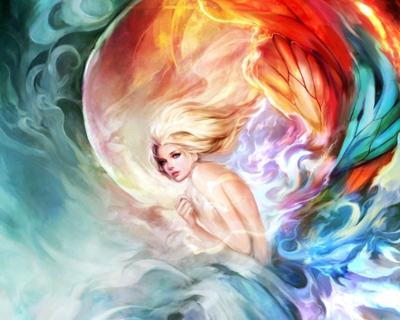 Fairy - girl, luminos, red, one smoking hot fairy, blue, orange, muju, fantasy