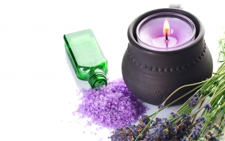 lavender and candle - candle, flower, lavender, bowl