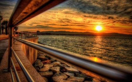 sunset from the boardwalk - boardwalk, ocean, sunset, rail