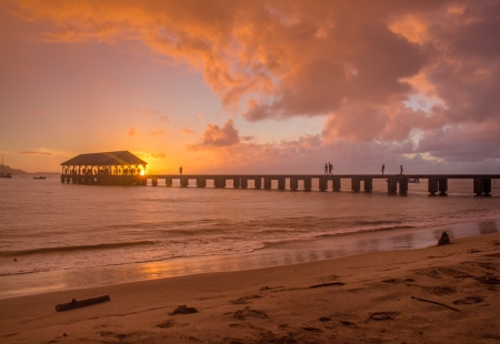 Pier - clouds, water, wakway, Pier, beach, ocean, dock, sand, sunset, sky, bridge