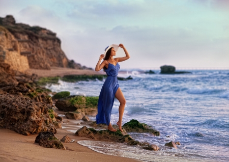 Unknown Model - rocks, water, model, beach, ocean, babe, sand, lady, woman