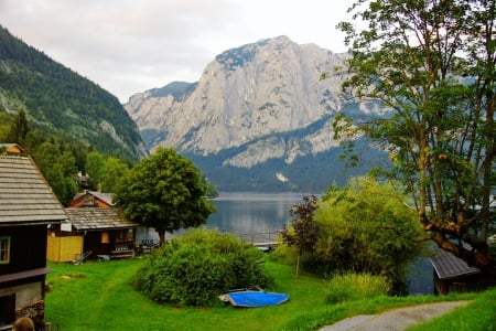 Altaussee lake - greenery, hills, beautiful, boat, Austria, mountain, village, shore, view, lake, houses, peaceful