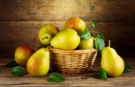 Still life - pretty, basket, beautiful, yummy, fruits, still life, pears, leaves