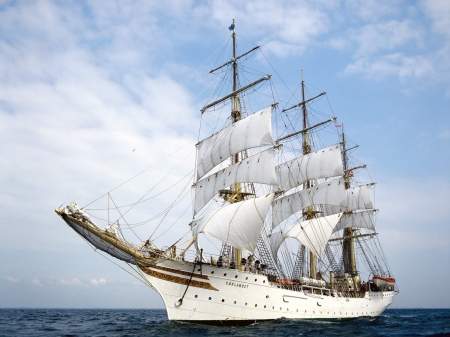 Sailing Ship - water, boat, ship, ocean, old, sky, vintage, clouds, open ocean, sailing, sea