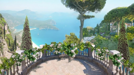 Above the Sea - view, balcony, overlook, wall, flowers, sea