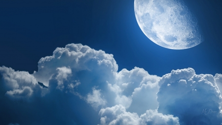 Moon Over Clouds - sky, full moon, blue, clouds