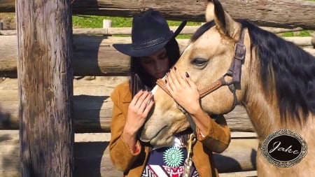 Cowgirl's Care.. - women, fun, female, hats, fashion, models, brunettes, western, fence, horse, girls, cowgirl, style, outdoors, ranch