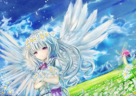 Angel - summer, blue, girl, angel, flower, white, green, wings, field, hizoo