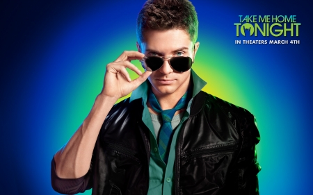 Take Me Home Tonight (2011) - topher grace, movie, sunglasses, black, poster, take me home tonight, hand, blue, man, green, actor