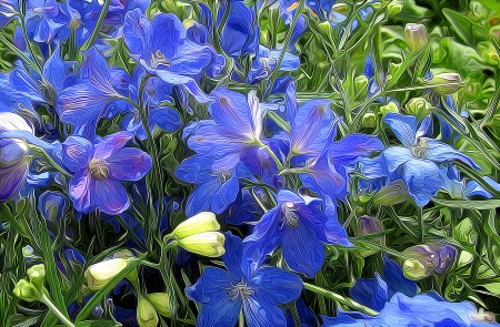 Blue flowers - pictura, summer, blue, green, painting, texture, flower, vara