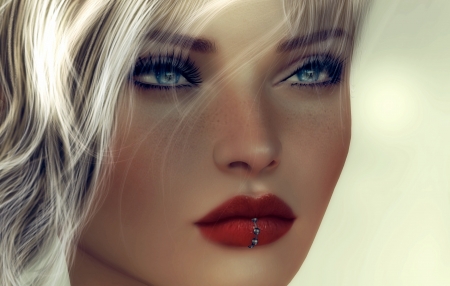 Beauty - rendering, girl, lips, blue eyes, frumusete, fantasy, face, game, red, luminos