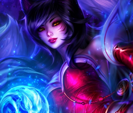 Ahri - beauty, magical, frumusete, fantasy, fox, game, pink, luminos, blue, league of legends, michellehoefener, nine tails, ahri