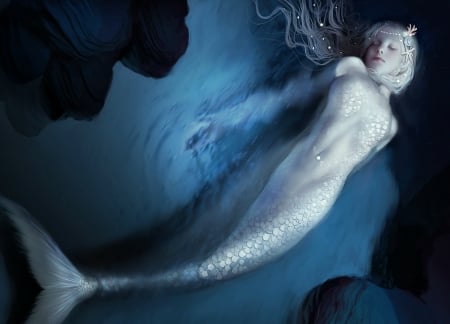 Mermaid - water, summer, blue, toraji, girl, fantasy, white, mermaid, art, vara, luminos