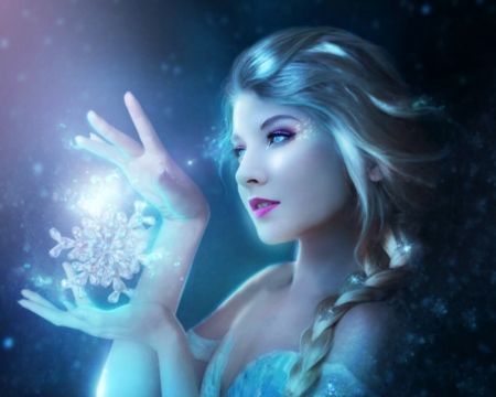 Elsa - snowflake, blonde, girl, frumusete, white, fantasy, hand, elsa, woman, snow queen, face, winter, pink, beauty, alexandravbach, blue, princess, luminos, disney