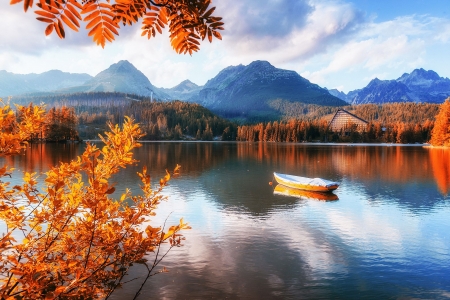 Tatra Mountains at Fall - sky, lake, landscape, clouds, leaves, colors, boat