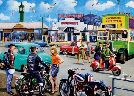 Brighton Palace Pier - cars, palace, motorbikes, pier, brighton, sky, clock, bus, vintage