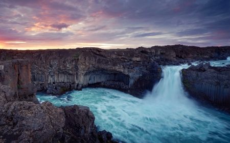 Sunset on the Aldeyjarfoss Waterfall, Iceland - nature, sunset, iceland, waterfall