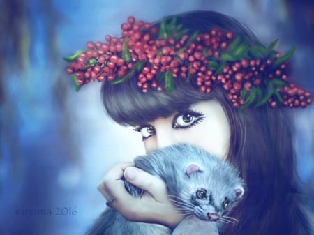 With Ferret - girl, ferret, fantasy, art