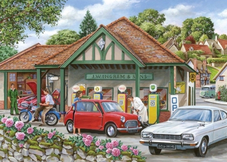 Filling Up - pumps, garage, motorbikes, cars, mini, capri, petrol, village