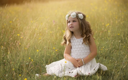 Little girl - girl, summer, wreath, child, copil, white, green, cute, grass, dress, little, flower