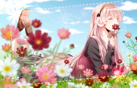 Megurine Luka - tsujiori, summer, white, vocaloid, blue, megurine luka, pink, red, green, anime, manga, flower