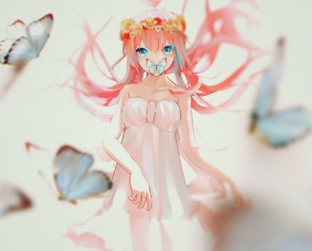 Megurine Luka - girl, arlenetea, white, butterfly, vocaloid, megurine luka, pink, blue, anime, manga