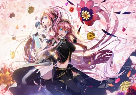 Megurine Luka - couple, singer, vocaloid, pink, megurine luka, anime, okingjo, flower, manga