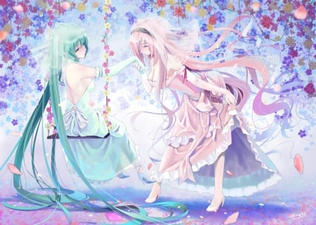 Megurine Luka and Hatsune Miku - hatsune miku, vara, couple, girl, summer, playing, pibnk, vocaloid, blue, megurine luka, okingjo, swing, anime, flower, manga