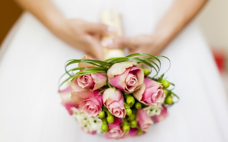 Wedding bouquet - flower, rose, wedding, pink, bouquet, bride, girl, white, hand, green