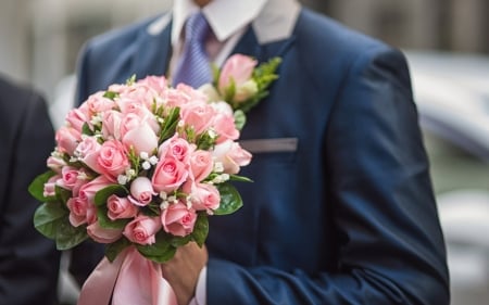 Wedding bouquet - hand, wedding, rose, flower, man, bouquet, pink