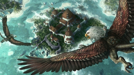 warriors on eagles - warrior, moat, eagle, palace