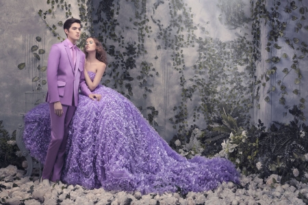 Couple in purple - bride, groom, wedding, fashion, michael cinco, lilac, flower, purple, couple