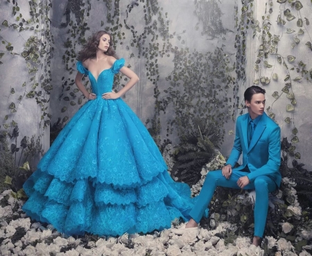 Couple in blue - woman, costume, wedding, couple, girl, fashion, michael cinco, bride, model, blue, man, dress