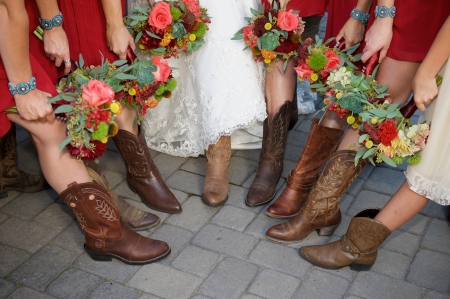 Wedding bouquets - red, flower, wedding, bouquet, bride, girl, dress, white, cowgirl, woman, boots