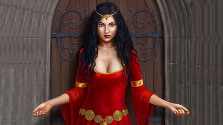 Woman in red - red, digital, pretty, beautiful, girl, dress, art, fantasy, costume, woman