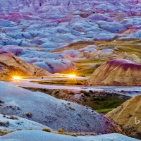 Headlights streaking through Badlands National Park South Dakota