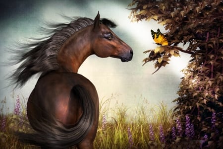 Strength Meets Delicacy - painting, softness, butterfly, horse, digital