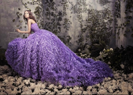 Purple bride dress - woman, girl, michael cinco, bride, model, dress, flower