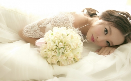 Bride - bride, white, woman, model, girl, flower, asian, bouquet