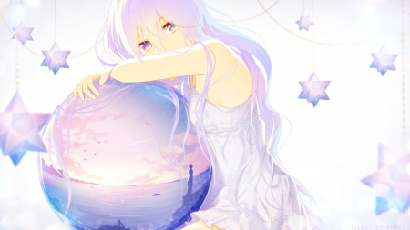 Planet and stars - stars, girl, white, rimuu, pink, blue, anime, lilac, planet, manga