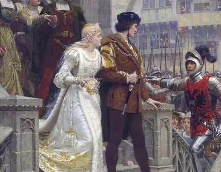 Call to arms - wedding, bride, edmund blair leighton, girl, dress, call to arms, knight, art, white, pictura, people, luminos, painting, couple, woman, man