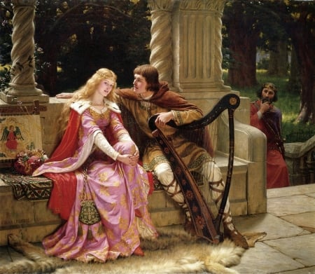 Tristan and Isolde - edmund blair leighton, tristan and isolde, girl, pink, man, pictura, instrument, red, painting, woman, lira, couple, art, lovers