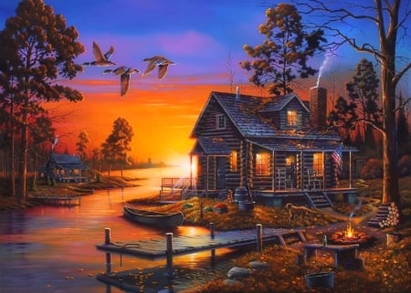 Cozy Living - attractions in dreams, houses, autumn, boats, flying birds, cabins, cottages, lakes, love four seasons, sunsets, paintings, fall season