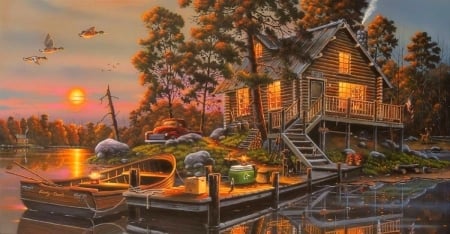 Duck of Heaven - attractions in dreams, paintings, fall season, sunsets, boats, autumn, cabins, cottages, lakes, love four seasons, ducks, houses