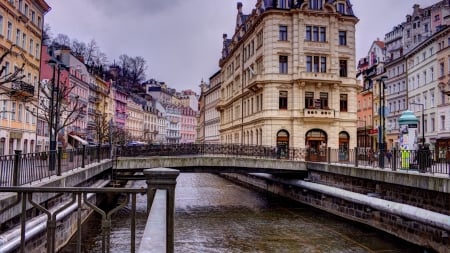 Karlovy Vary, Czech Republic - street, house, river, buildings, bridge