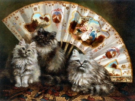 Persian Blue With Fan - Cats F - Persians, artwork, beautiful, cat, pet, animal, painting, feline, art