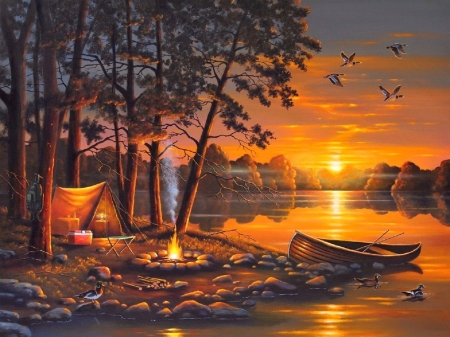 Lake of Sunset - trees, attractions in dreams, flying birds, paintings, fall season, sunsets, tent, campfire, boats, nature, autumn, lakes, love four seasons, sky