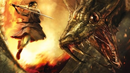 warrior against dragon - battle, warrior, dragon, girl, sword