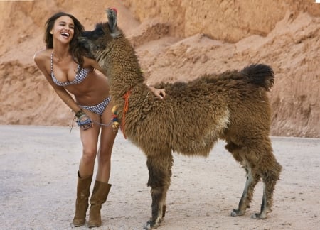 Irina Shayk - swimsuit, summer, boots, lama, girl, cowgirl, animal, funny, woman, Irina Shayk, model, kiss, vara